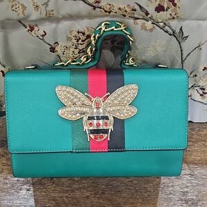 Elegant Green Designer Bag with Bee Embellishment